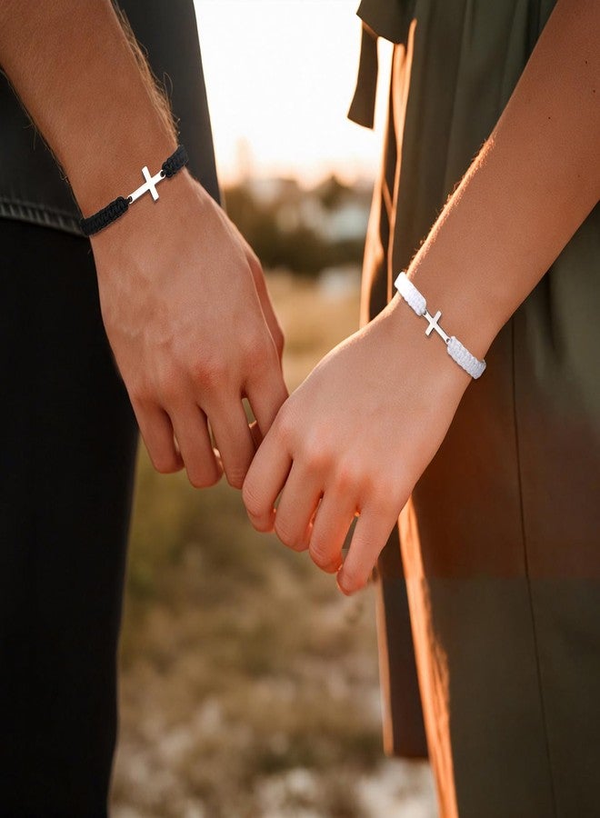 Korotho Matching Bracelets for Couples Friends, 2 Pcs Cross Bracelet for Women Men Matching Couple Jewelry for Girlfriend Boyfriend BFF Friendship Bracelets Gifts for 2 Pulseras Para Hombres (BW) - Image 2